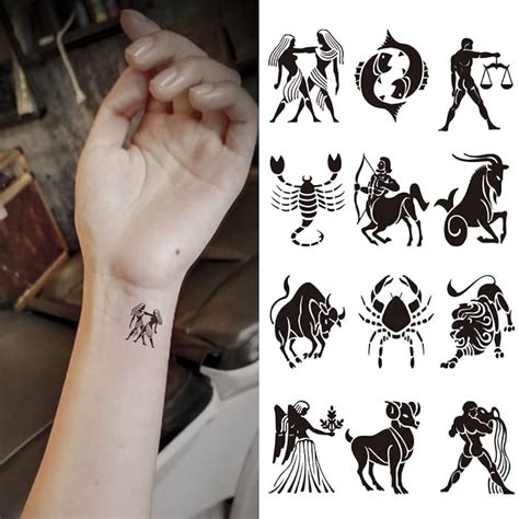 Amazon Com Oottati Small Cute Temporary Tattoo Sticker Set Of 2 Black Zodiac Signs Totem Leo Sagittarius Virgo Scorpio Taurus Designs For Hand Neck Face Wrist Finger Waterproof Fake Body Art