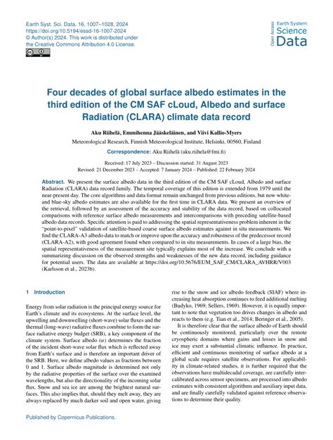Essd Four Decades Of Global Surface Albedo Estimates In The Third Edition Of The Cm Saf Cloud Albedo And Surface Radiation Clara Climate Data Record Essd Four Decades Of Global Surface Albedo Estimates In The Third Edition Of The Cm Saf Cloud Albedo And Surface Radiation Clara Climate Data Record