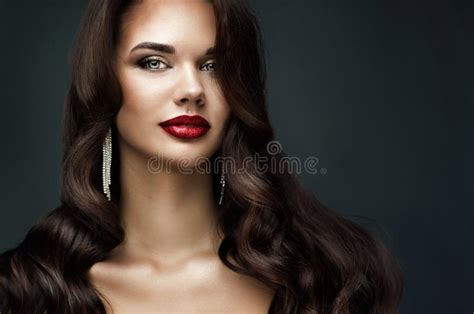Fashion Photo Of Beauty Brunette Woman On Dark Background Stock Photo Image Of Lips Fashion