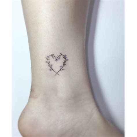 Flower Heart Tattoo Placed On The Ankle Fine Line