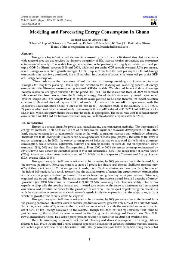 Modeling And Forecasting Energy Consumption In Ghana Pdf
