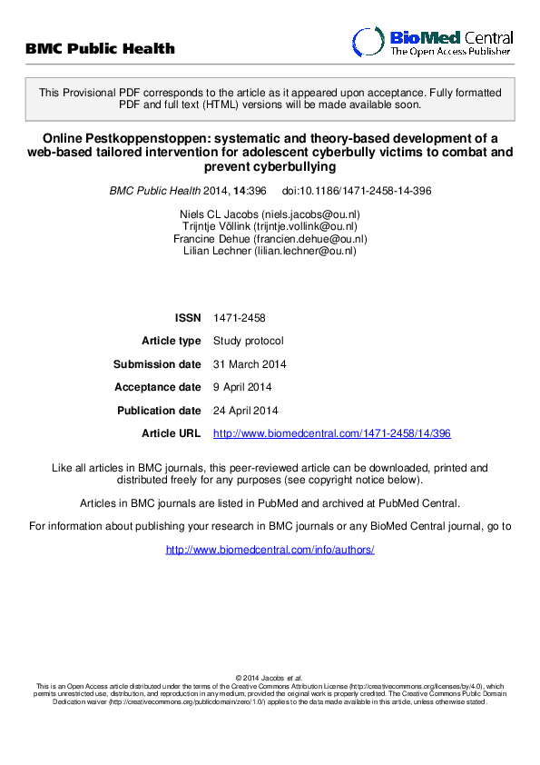 Online Pestkoppenstoppen Systematic And Theory Based Development Of A Web Based Tailored Intervention For Adolescent Cyberbully Victims To Combat And Prevent Cyberbullying Bmc Public Health Full Text