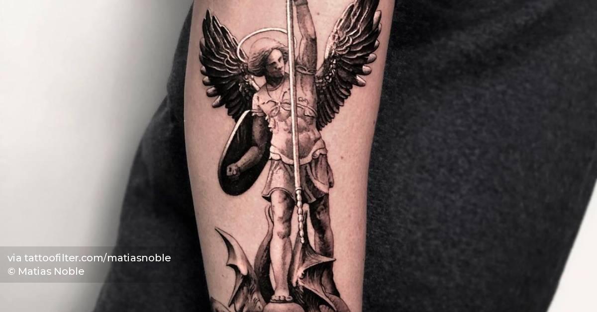 Saint Michael The Archangel On The Forearm Delaluz Tattoo Blackandgrey Religious Sleeve Armtattoo Michaelarchangel Venturacounty Ventura Oxnard Camarillo Cheyennehawkpen