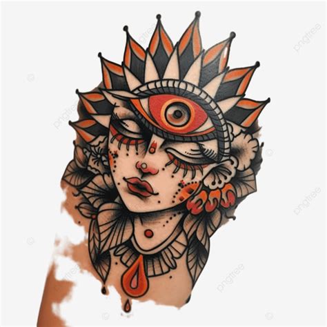 Traditional Tattoo Of Female Face With Crown Of Flowers Traditional Tattoo Ink Png Transparent Image And Clipart For Free Download