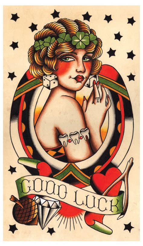 Vintage Lady Luck Good Luck Tattoo Flash Print Traditional Tattoo