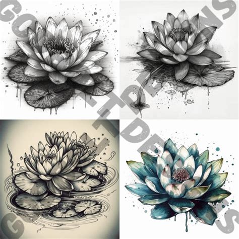 Water Lily Tattoo Design Pack 4 Psd And Png Files Perfect For Artists And Nature Enthusiasts Graceful Symbolic Procreate Compatible Etsy